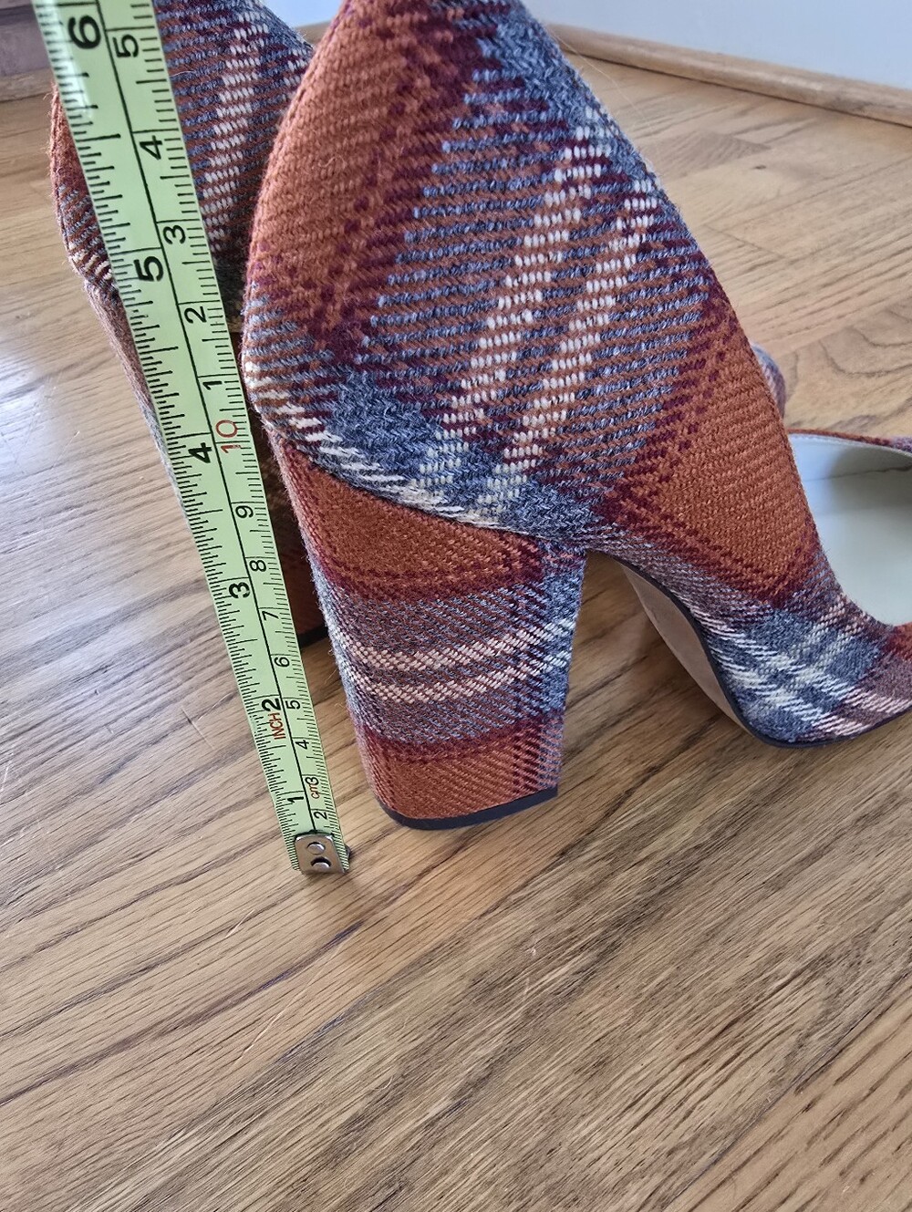 Bettye Muller Orange and Gray Plaid Block Heel Pumps - Picture 9 of 12